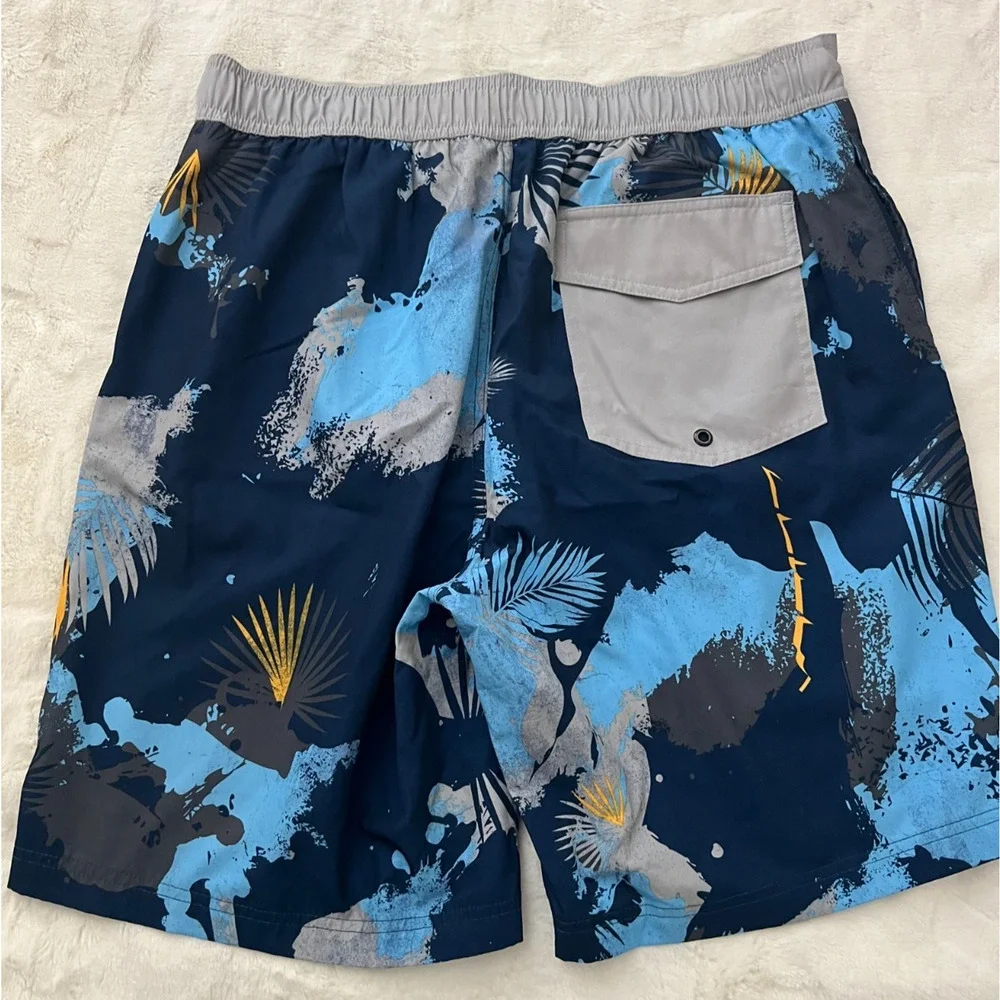 George Mens Swim Trunks Medium 32-34 Blue Gray Tropical Board Shorts Drawstring